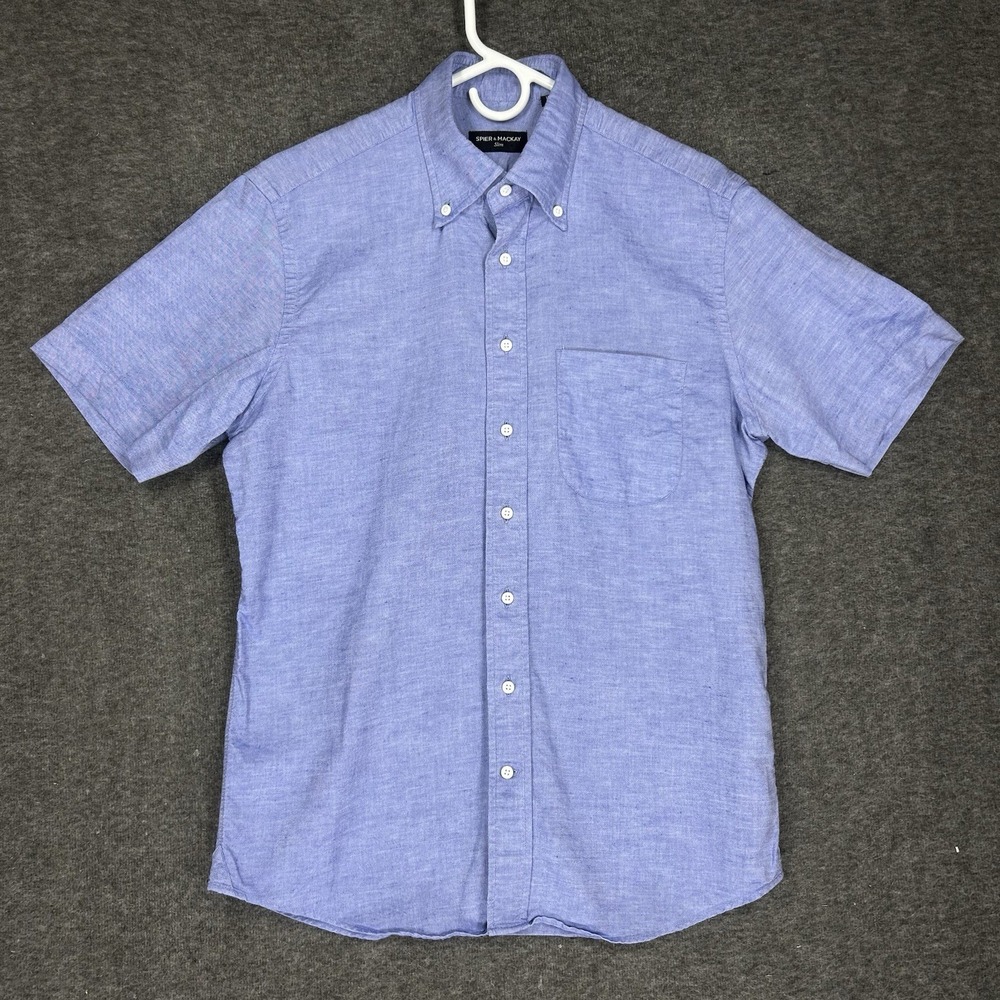 SPIER‎ & MACKAY Oxford Shirt Mens 15 Slim Blue Short Sleeve Linen Cotton blend